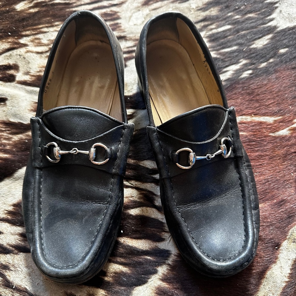 Gucci Black Leather Horsebit Loafers Shoes